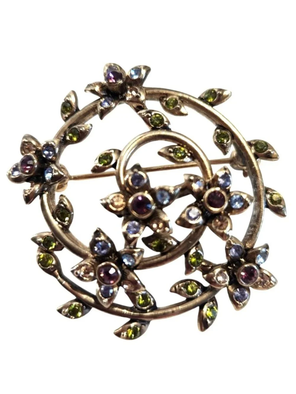Vintage Monet Floral Wreath Brooch With Green & Purple Rhinestones Gold Tone Sig